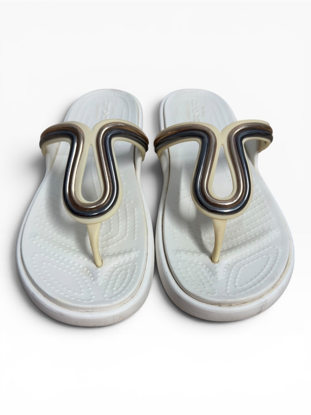 Crocs Sanrah Metal Block Flip Flops White Bronze Comfort Sandals Womens Size 7 - Picture 2 of 8